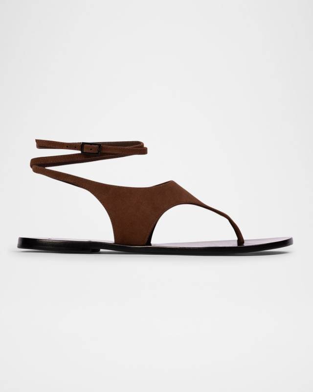 Suede Thong Flat Ankle-Strap Sandals